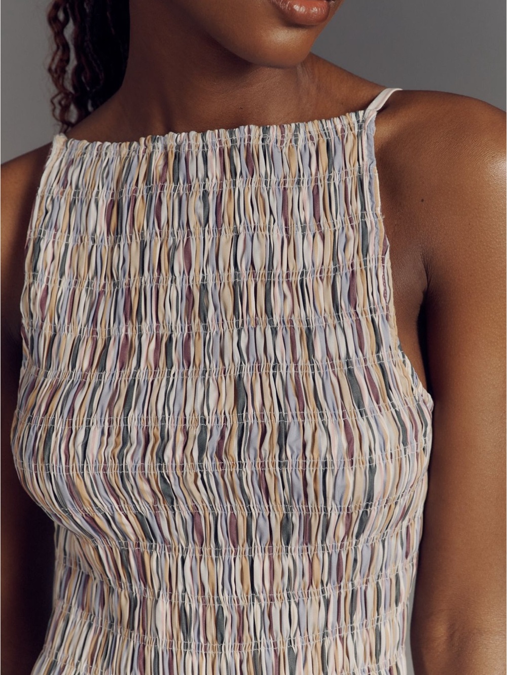 Faithfull the Brand Laia Sleeveless High-Neck Smocked Mini Dress – Sifnos Stripe - Picture 3 of 4